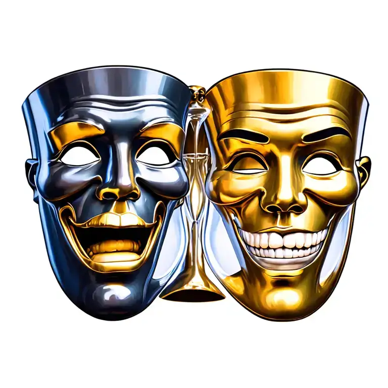 comedy tragedy mask hourglass in the middle tattoo design idea