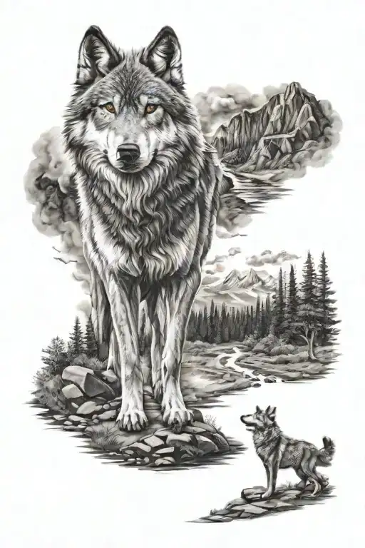 wolf protecting a road path leading to heaven gates tattoo design idea