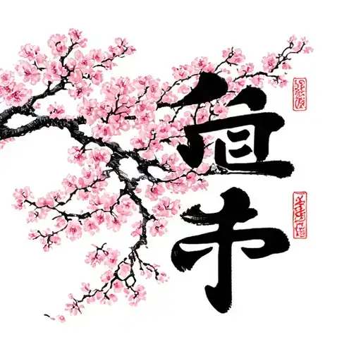 Love kanji brushtroke style surrounded by sakura trees tattoo design idea