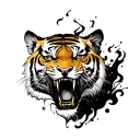 Theme: Black ink-wash tiger tattoo style: New traditional American + Ukiyo-e + Dark steampunk elements: - Close-up of the side face of the angry roaring Bengal tiger - The tiger's mouth gushed spiral black mist - The shoulder is wrapped in radioactive air flow pattern - The tiger's eyes emit a gilded luster details: 1. The tiger's whiskers are outlined with thin silver gray lines 2. The scar is designed to be broken and cracked in the skin tattoo design idea