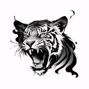 Theme: Black ink-wash tiger tattoo style: New traditional American + Ukiyo-e + Dark steampunk elements: - Close-up of the side face of the angry roaring Bengal tiger - The tiger's mouth gushed spiral black mist - The shoulder is wrapped in radioactive air flow pattern - The tiger's eyes emit a gilded luster details: 1. The tiger's whiskers are outlined with thin silver gray lines 2. The scar is designed to be broken and cracked in the skin tattoo design idea