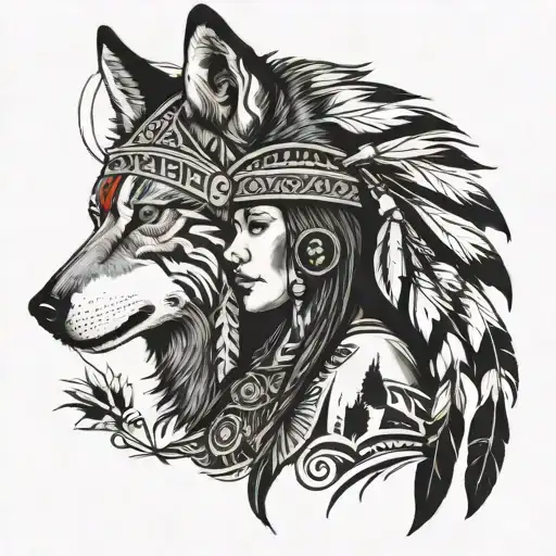 a native american women with a wolf headdress tattoo design idea