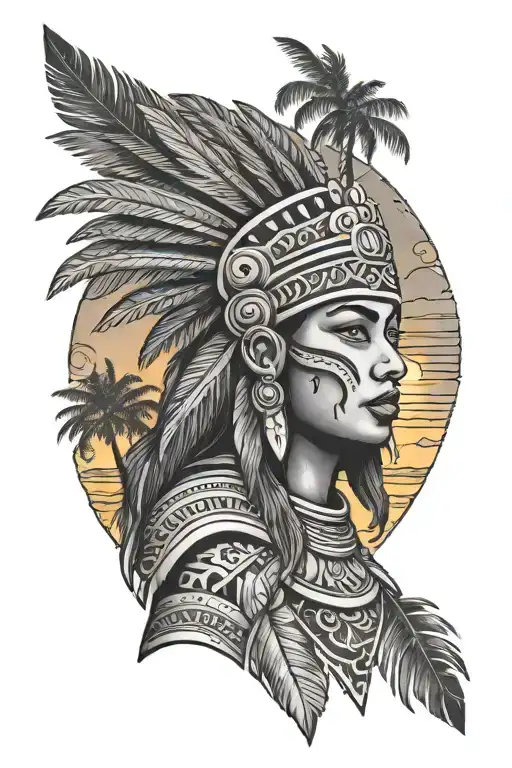 aztec warrior woman with sunset and palm trees in background   tattoo design idea
