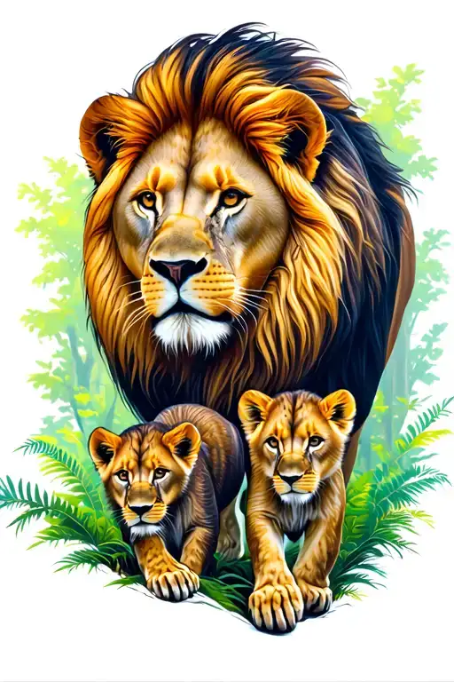 male lion, 2 cubs walking in the forest tattoo design idea