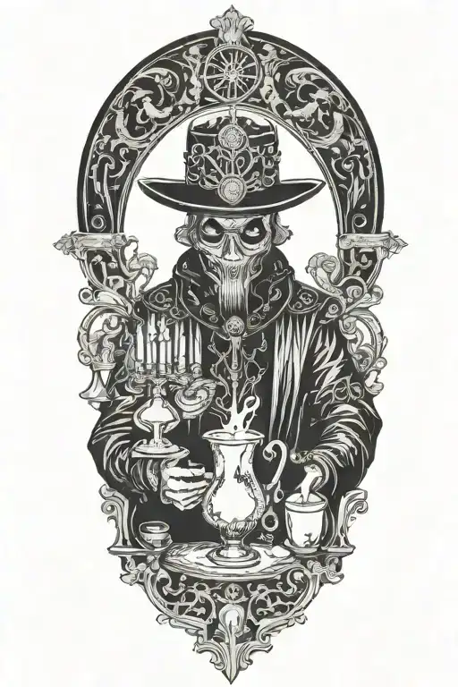 Masked alchemist performing ritual, jewelry, tarot cards, candles tattoo design idea