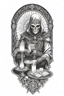Masked alchemist performing ritual, jewelry, tarot cards, candles tattoo design idea