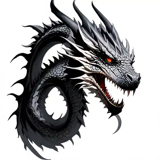 black and grey soft shaded mid evil dragon with thick skales and dark eyes tattoo design idea