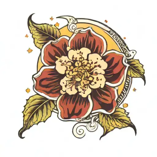 picoteé Begonia flowers on outside with sun and heat rays and inside a moon/star and waves at the bottom tattoo design idea