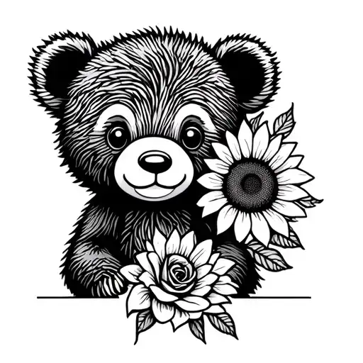 cute baby bear with sunflowers and roses tattoo design idea