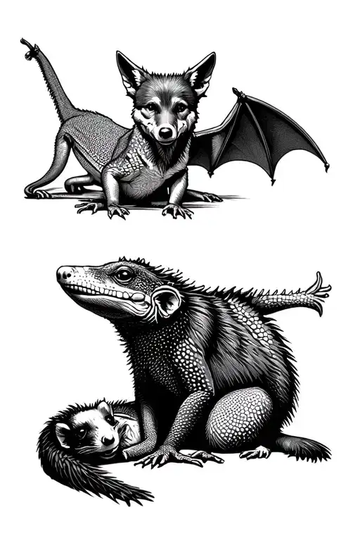 an opossum plays dead at the feet of a coyote; the coyote is sitting and looking up at a monitor lizard; a bat flies abo tattoo design idea