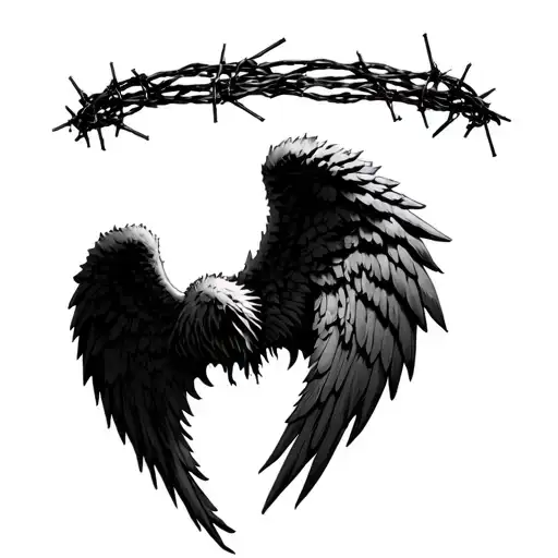 dismembered black angel wings with a halo made of barbed wire above it tattoo design idea