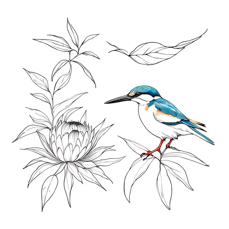 kingfisher and protea tattoo design idea