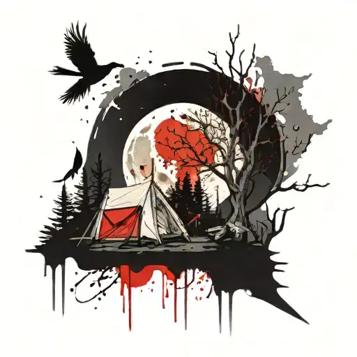 Moon shining over a campsite surrounded by ghoulish trees with a flying bird struck by an arrow tattoo design idea