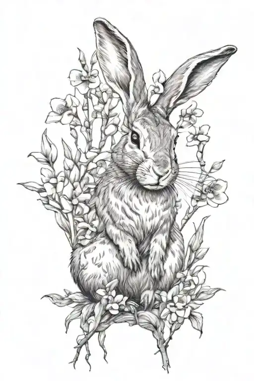 rabbit standing snapdragon flowers pussywillow branches tattoo design idea