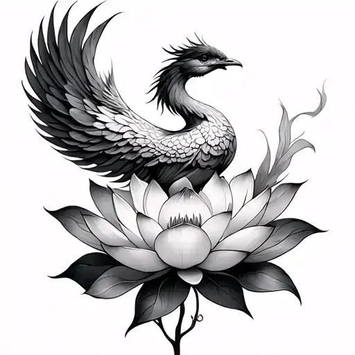 feminine Phoenix bird rising from a lotus flower tattoo design idea