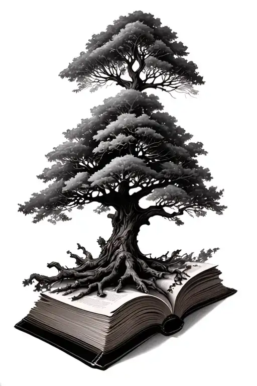 Tree growing out of an open book pages tattoo design idea