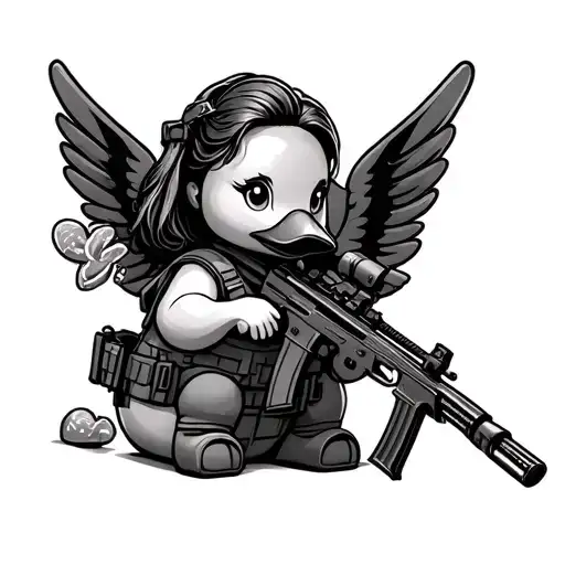 a simple female rubber duck in tactical plate carrier, a svd sniper rifle with a silencer, and a peice of candy on wing tattoo design idea