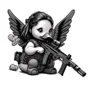 a simple female rubber duck in tactical plate carrier, a svd sniper rifle with a silencer, and a peice of candy on wing tattoo design idea
