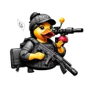 a simple female rubber duck in tactical plate carrier, a svd sniper rifle with a silencer, and a peice of candy on wing tattoo design idea