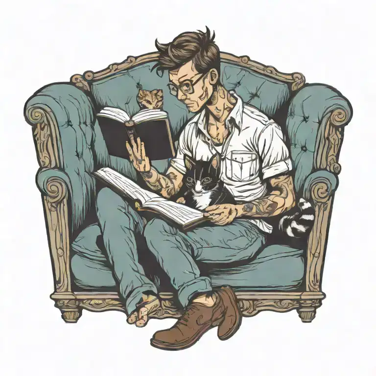 A tattoo design of a student reading a book with a cat on their lap, symbolizing the pursuit of personal growth and academic success tattoo design idea