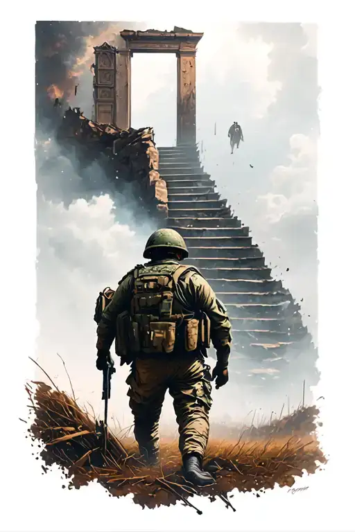 a soldier in a destroyed field heading towards a staircase that leads to a gate at the top of the sky tattoo design idea
