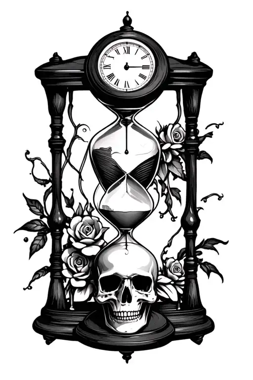 hourglass with clock on top and skull on bottom tattoo design idea