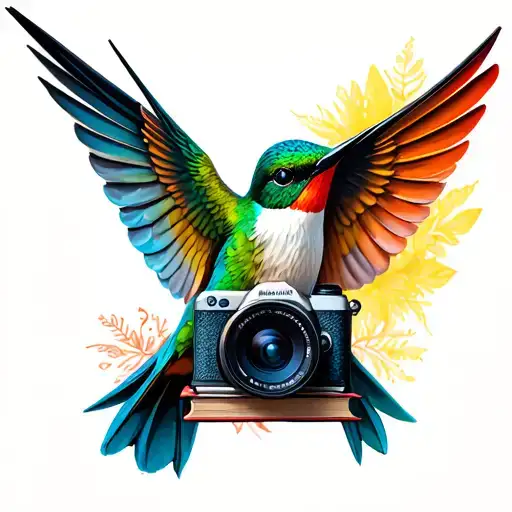 humming bird with a camera and book tattoo design idea