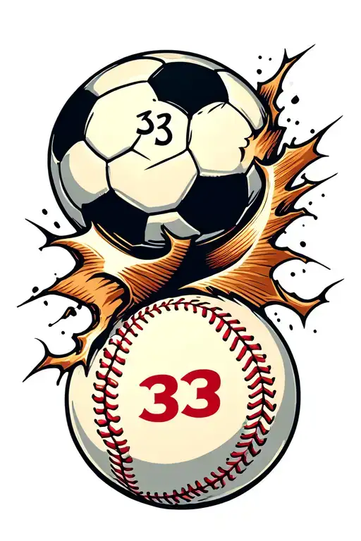 Soccer ball with #33 and Baseball with #31 ripping apart as one ball tattoo design idea