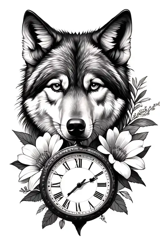 create a tattoo of my mom her with the february birth flowers a clock and a wolf as her spirit animal tattoo design idea