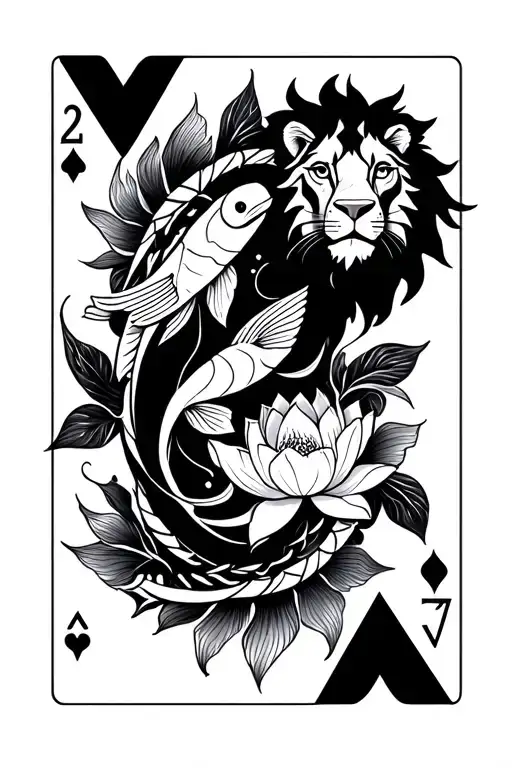 A mystical representation of the astral card with a lion, a koi fish and lotus flower intertwined tattoo design idea