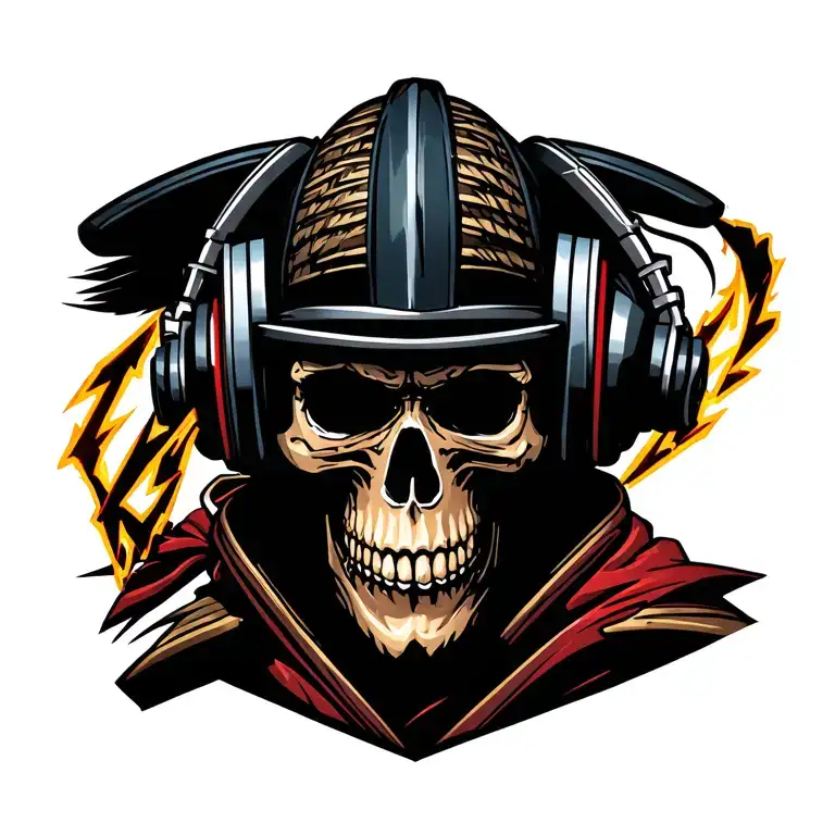 traditional samuraï skull with samuraï hellet wearing lightning headphones  tattoo design idea