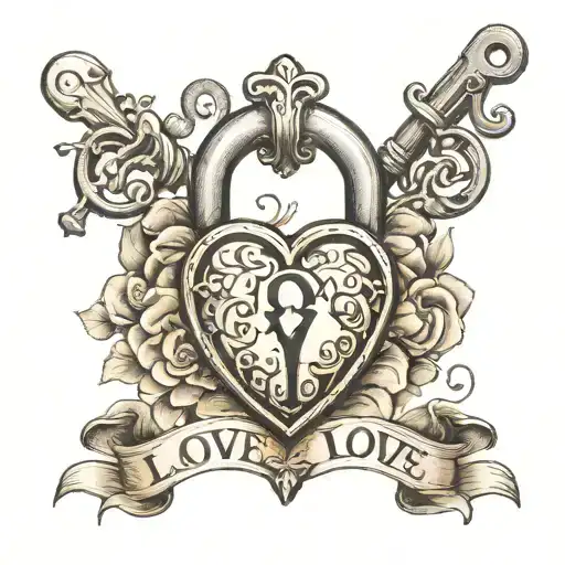 A heart-shaped lock and key intertwined with a banner that says 'Love' in elegant script tattoo design idea