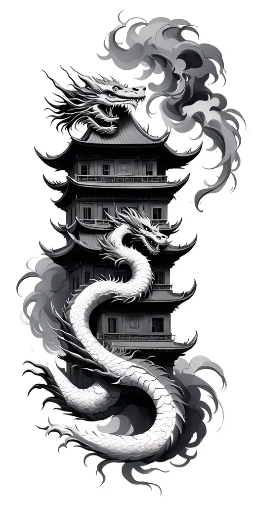 ancient Chinese Building tower with chinese dragon wrapped around the tower, smoke with shading  tattoo design idea