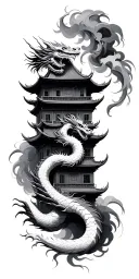 ancient Chinese Building tower with chinese dragon wrapped around the tower, smoke with shading  tattoo design idea