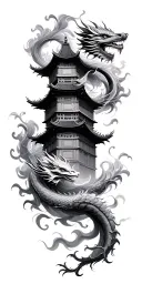 ancient Chinese Building tower with chinese dragon wrapped around the tower, smoke with shading  tattoo design idea