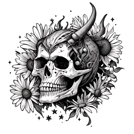 skull demon chamomile water stars fire tattoo design idea