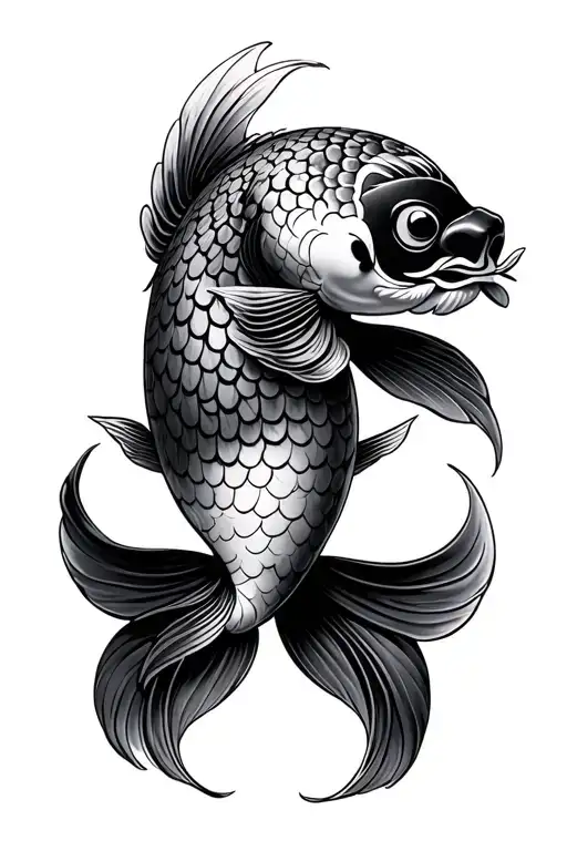 Japanese koi fish, tail wrapped around Daruma doll tattoo design idea