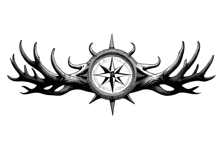 compass with elk skull with antlers tattoo design idea