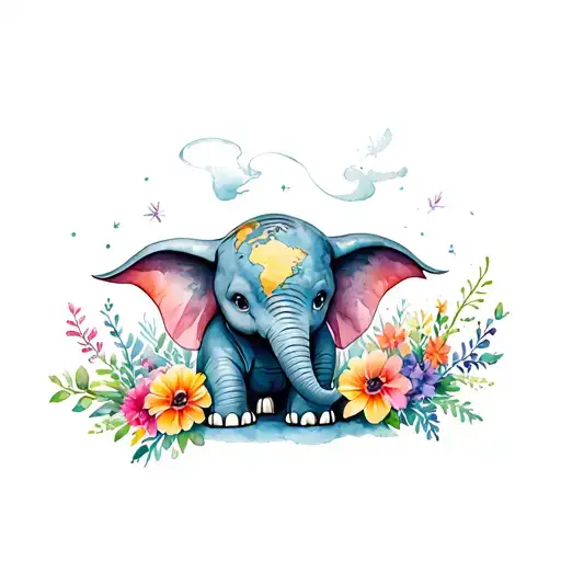 Dumbo, world and flowers tattoo design idea