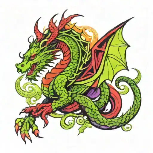 virgo sign and dragon combined together with prominent colors of green purple red and black tattoo design idea