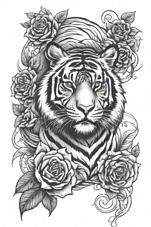 Tiger and roses intertwined symbolizing muay thai fighter tattoo design idea