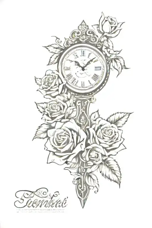 roses cross clock tattoo design idea