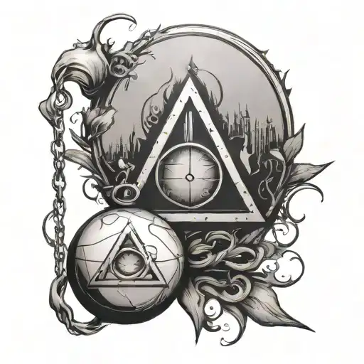 deathly hallows symbol, pokeball hanging tattoo design idea