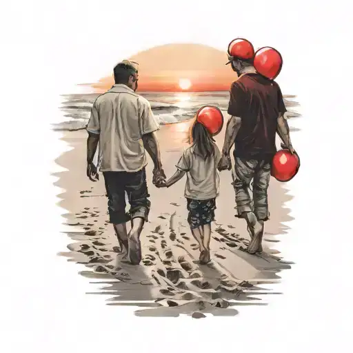 Father, mother, son and daughter with red balloon, walking on the beach, hand in hand, sunset, footprints in the sand tattoo design idea