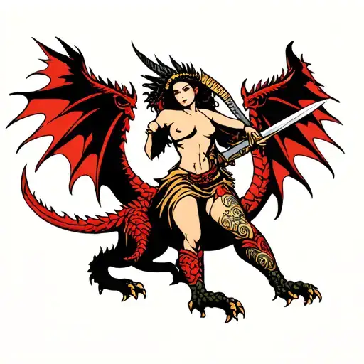 topless valkyrie holding sword riding dragon in traditional tattoo design idea