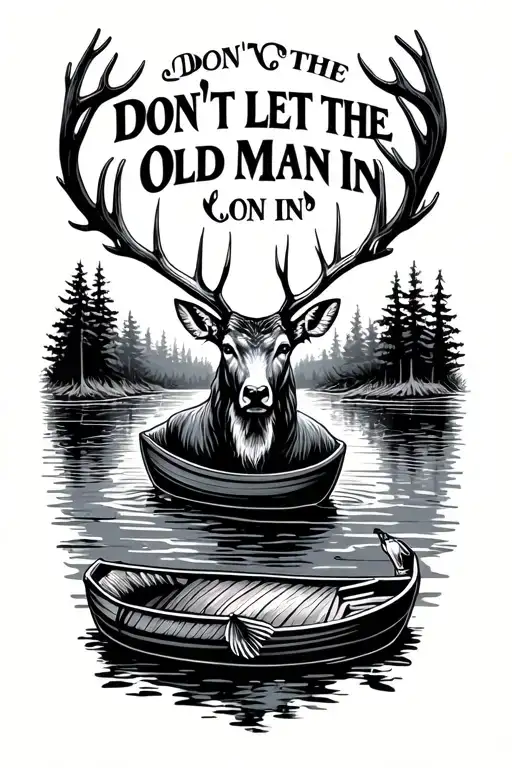 "Don't Let The Old Man In" "Don't Let The Old Man In" swamp background with boat deer fish tattoo design idea