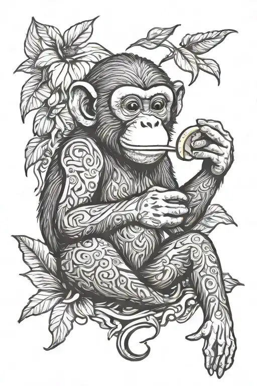 smart monkey eating banana tattoo design idea