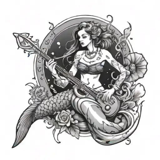 An underwater music festival featuring mermaids playing instruments and fishing rods as stage props tattoo design idea