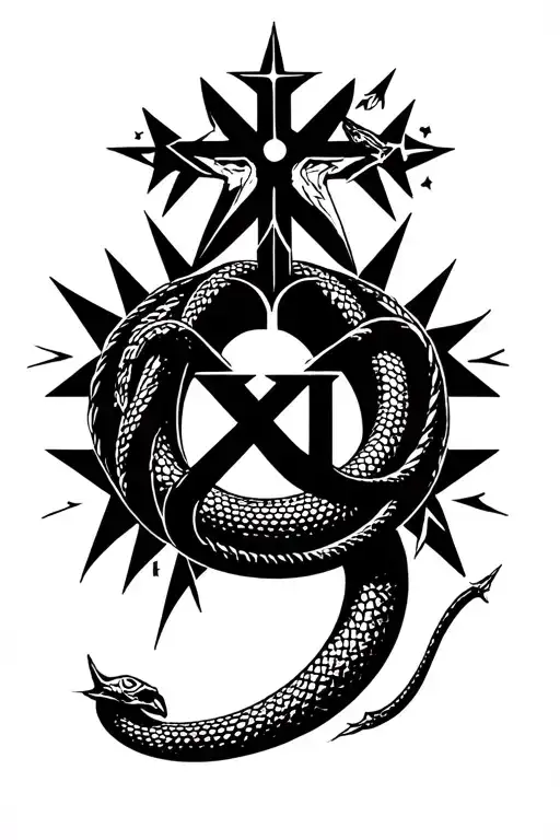 the esoteric style where the stars will be modified cadouses in the form of a cross with a snake and the number XVII in a star tattoo design idea