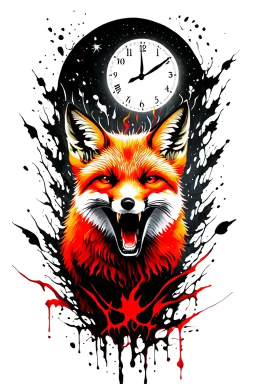Angry ginger fox howling at the moon with the hands of a clock on it in burning forest tattoo design idea
